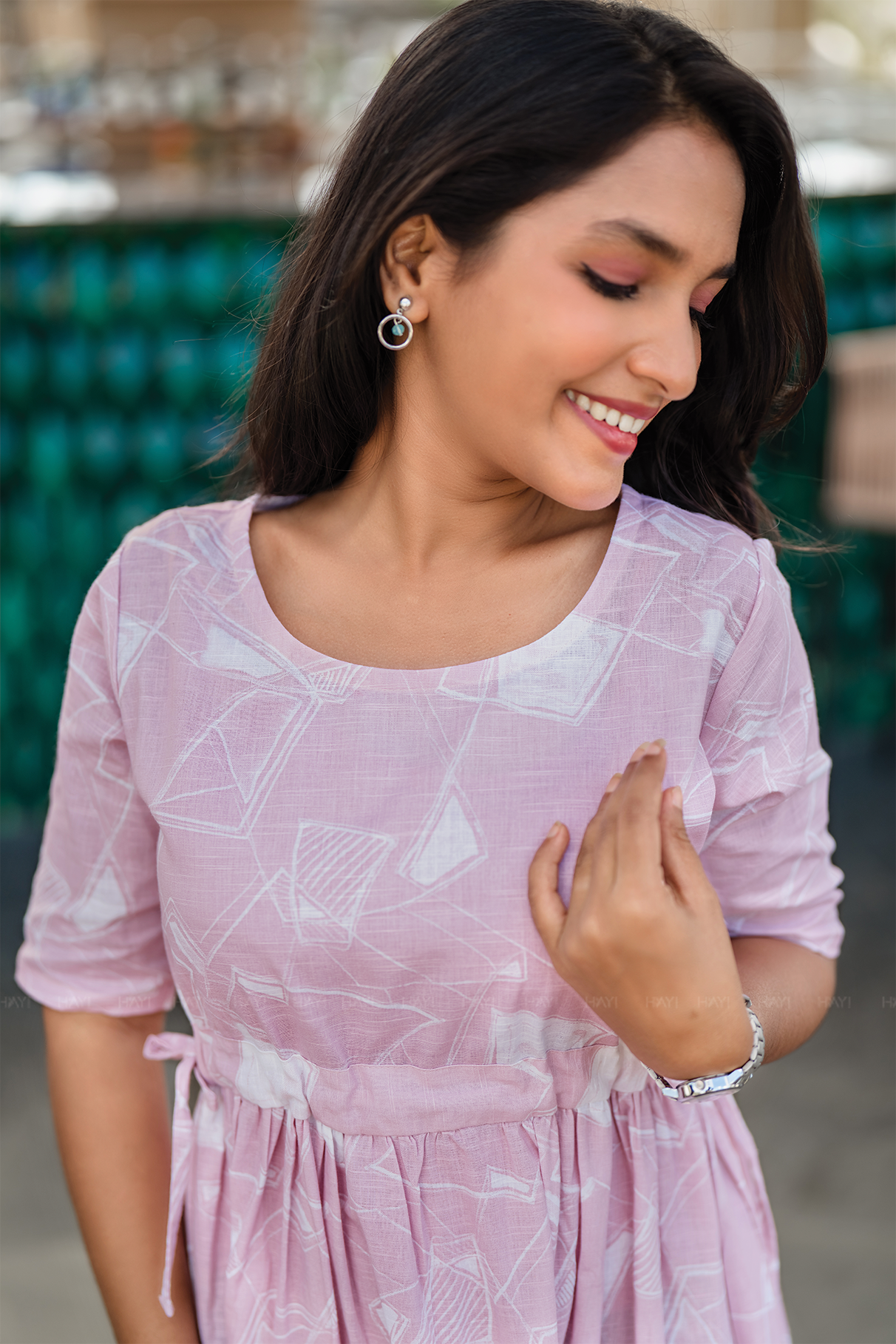 Soft Focus Light Pink Cotton Blend Dress with Round Neck & Fabric Rope Tie