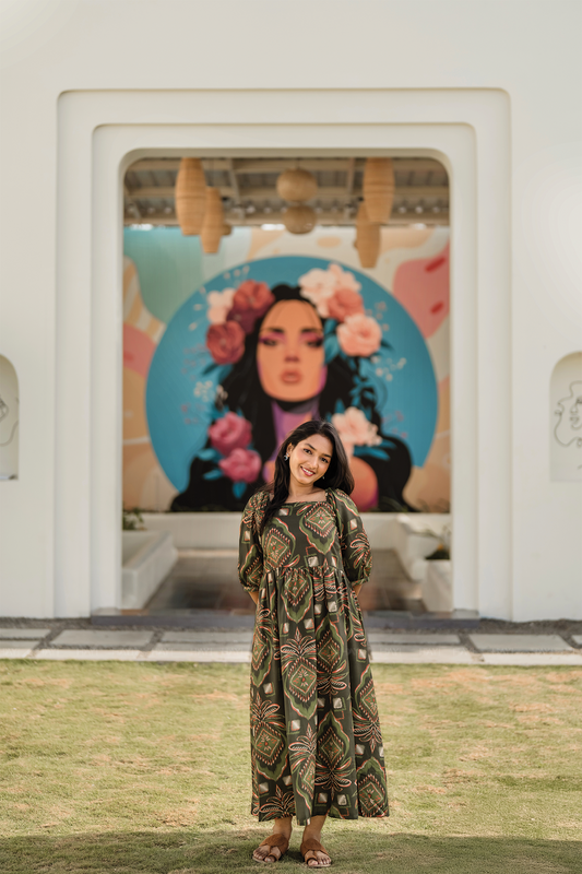 Burnished Green with Forest Desire floral printed Linen Blend Dress