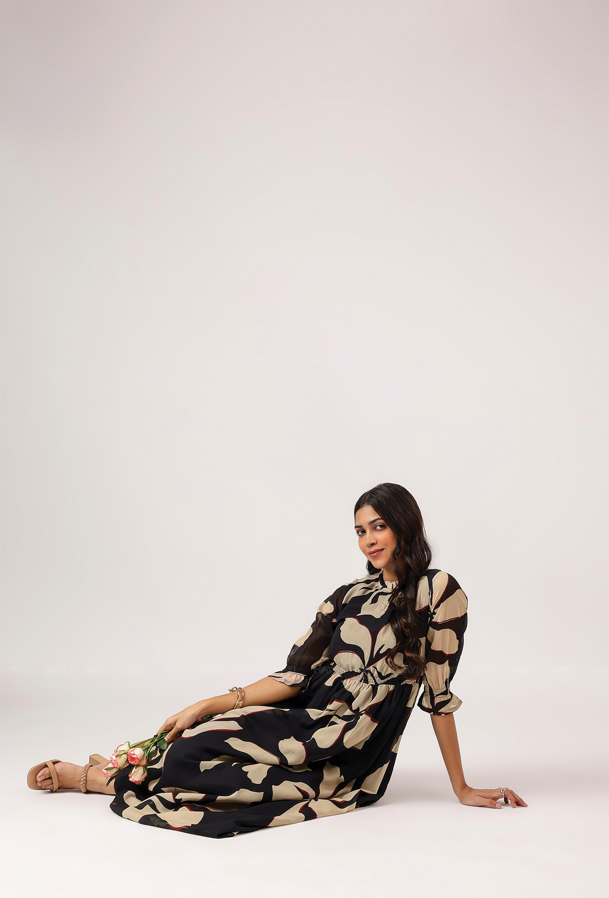 Spear Black with Charcoal Ink printed Lux Georgette dress