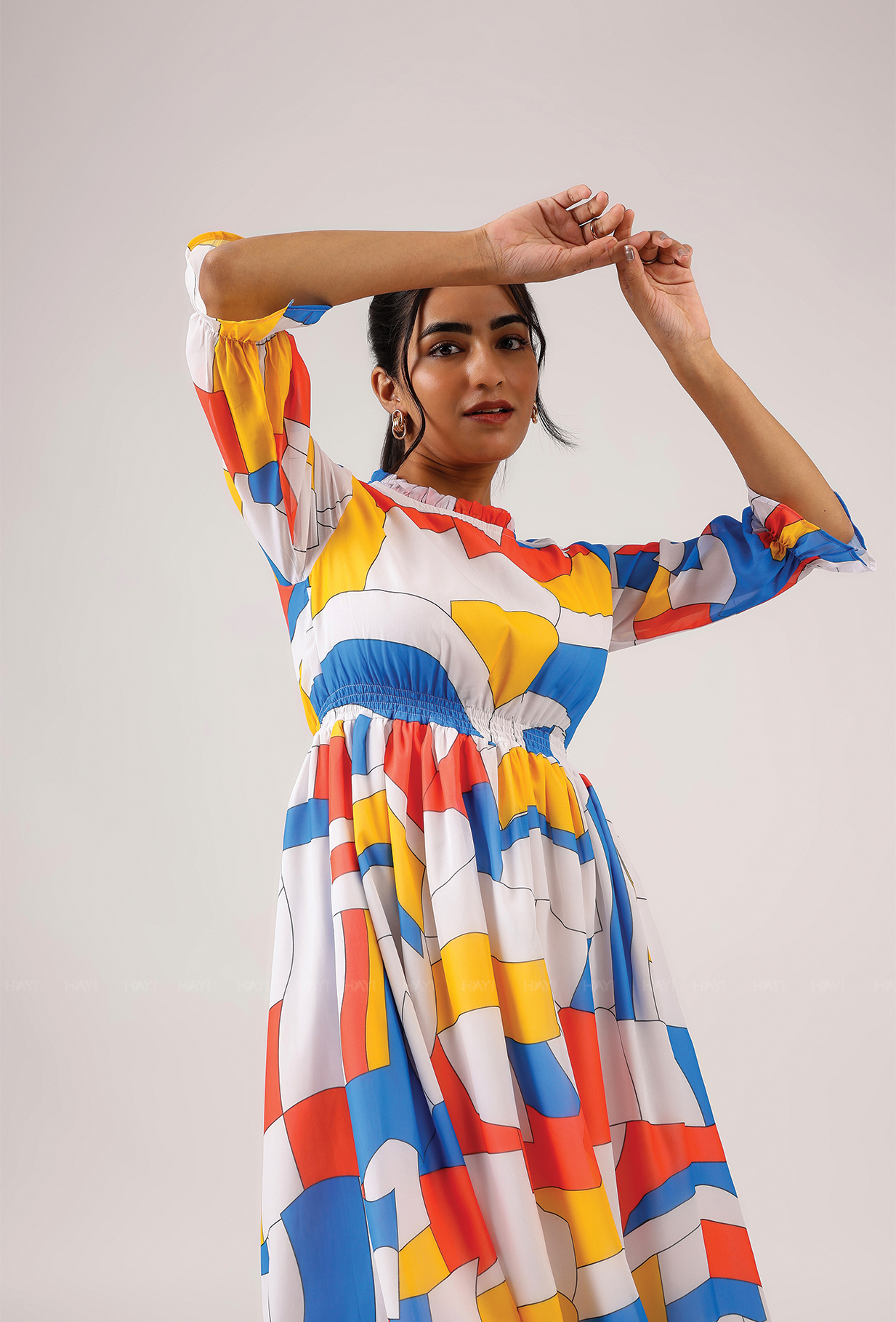 Prism White with Cubist Charm printed Lux Georgette Dress