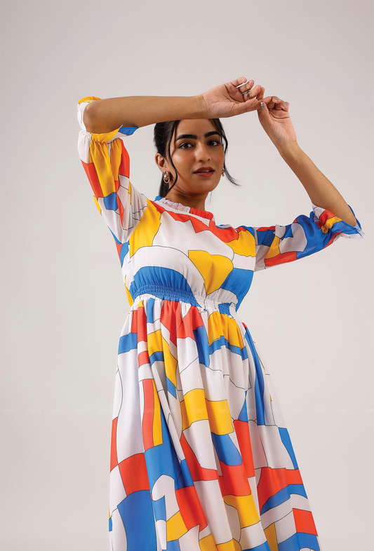 Prism White with Cubist Charm printed Lux Georgette Dress