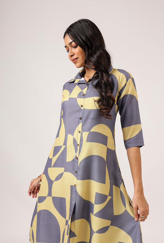 Rhythmic Gray with Vivid Harmony printed Linen Blend Co ords