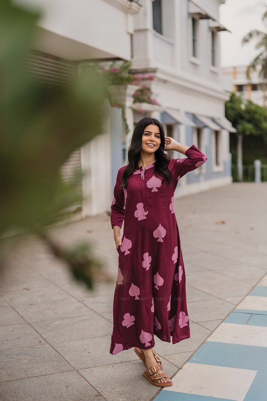 Sepia Maroon with Autumn Hearts printed Viscose A-line Dress