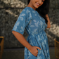 Morning Dew Blue Cotton Dress with V-Neck & Elbow Sleeves