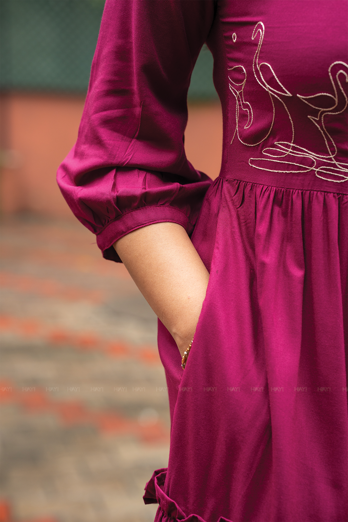 Moonlit Swans Violet Viscose Dress with Frill Neck & Embroidered Yoke