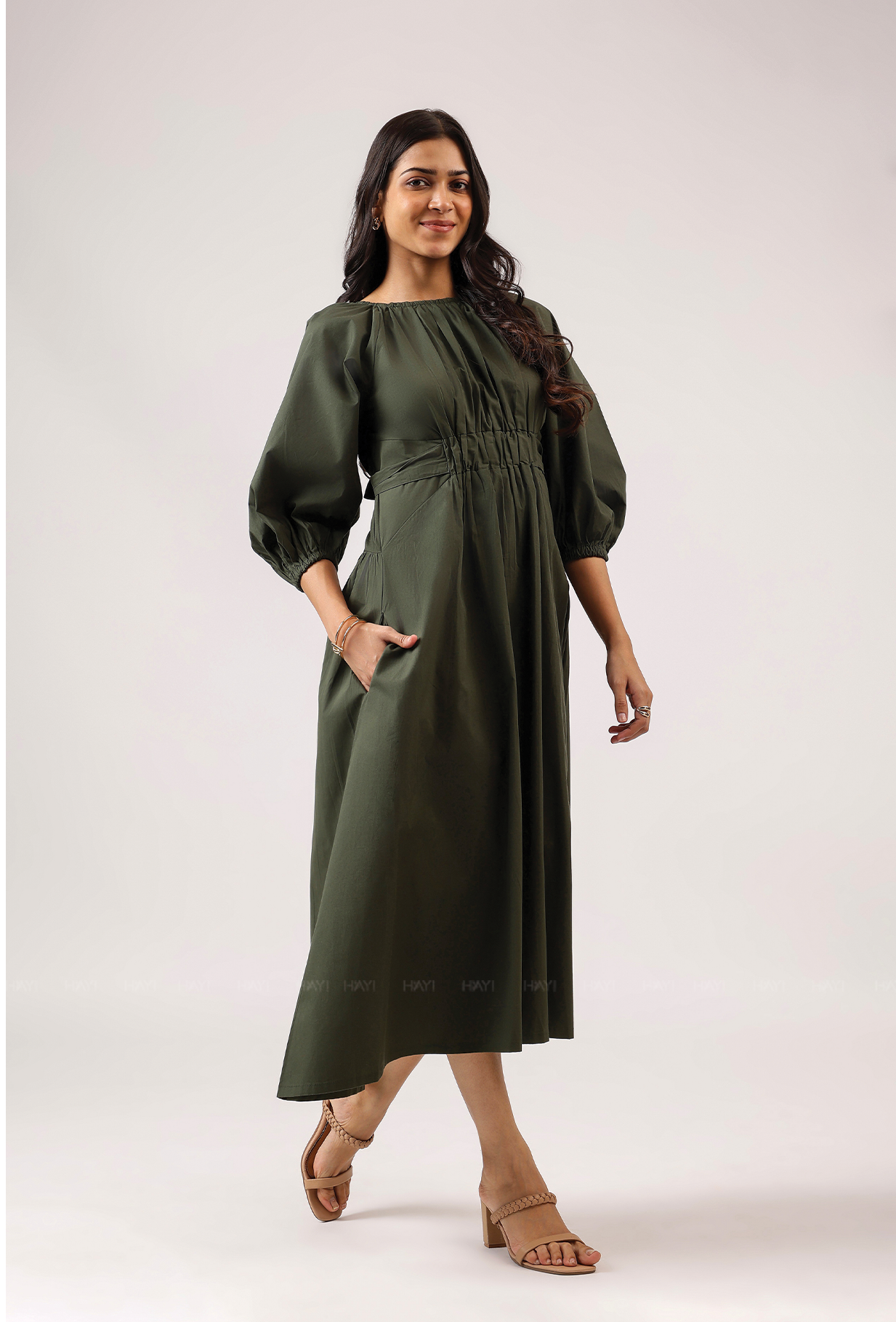 Zayra With Balloon Sleeve With Elastic Flared Dress