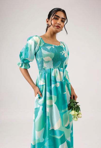 Whim Teal with Tide Kiss Smock Rayon Blend Dress