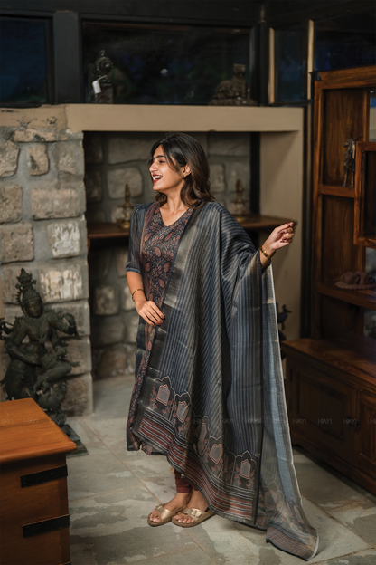 Elysia Navy printed 2 Piece Linen Shimmer Kurta with Dupatta