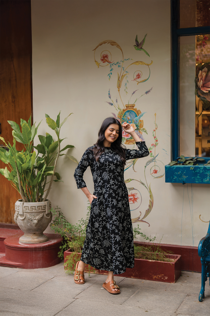 Pristine Black with Noir Blossom printed Viscose Dress