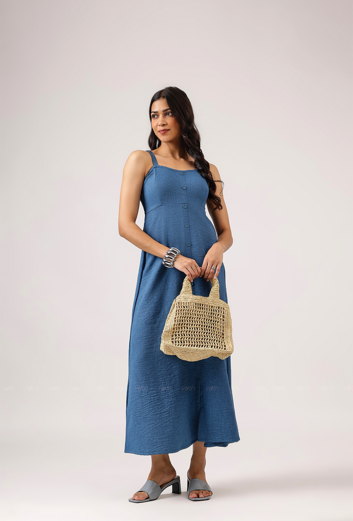 Rawelle Denim Blue Adjustable Strap Spaghetti With Back Smock