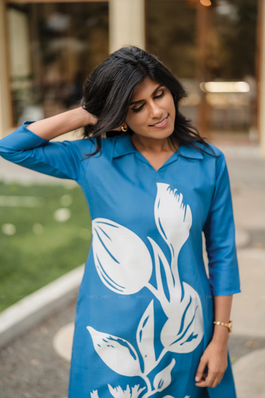 Moonbloom Stride Blue Linen Blend A-Line Co-ord with Shirt Collar & Placement Print