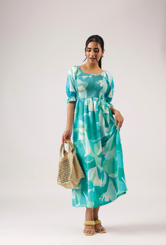 Whim Teal with Tide Kiss Smock Rayon Blend Dress