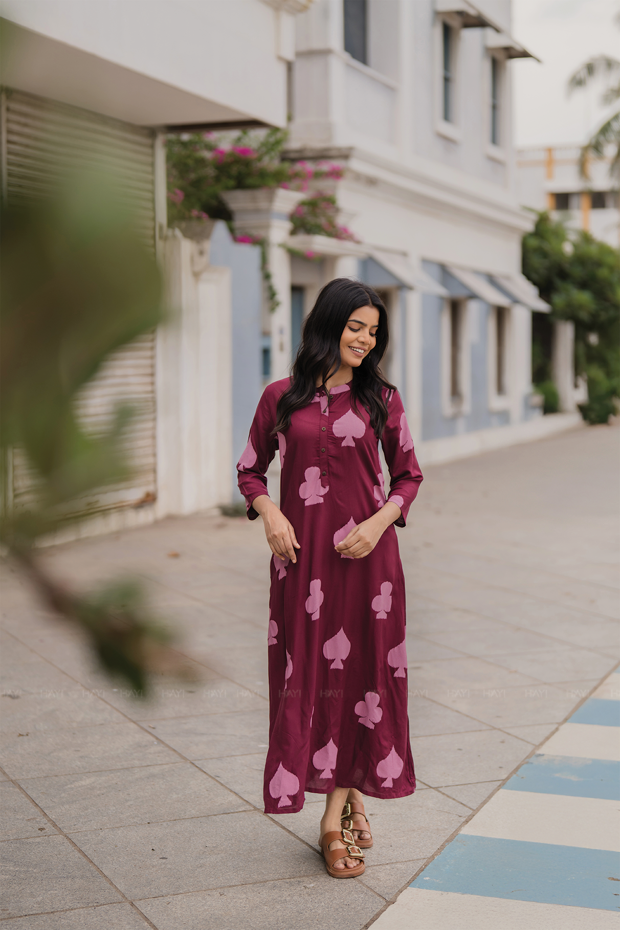 Sepia Maroon with Autumn Hearts printed Viscose A-line Dress