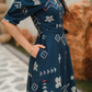 Navy Wrap Cotton Dress with V-Neckline Wraparound Style