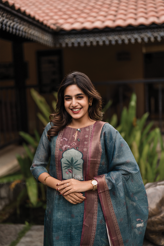 Hariyali Green printed 2 Piece Linen Shimmer Kurta with Dupatta