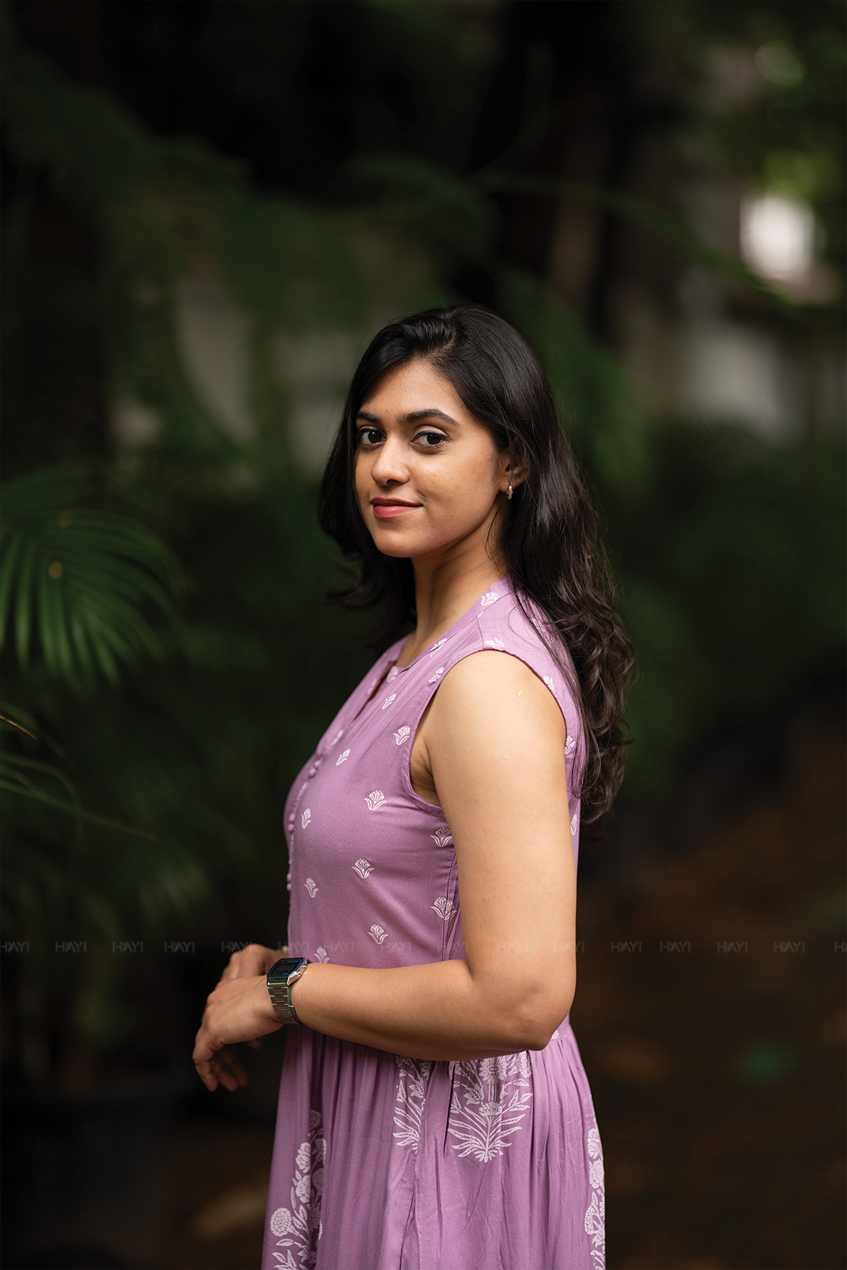 Wisteria Haze Lavender Viscose Dress with Chinese Collar & V-Cut Detached 3/4th Sleeves