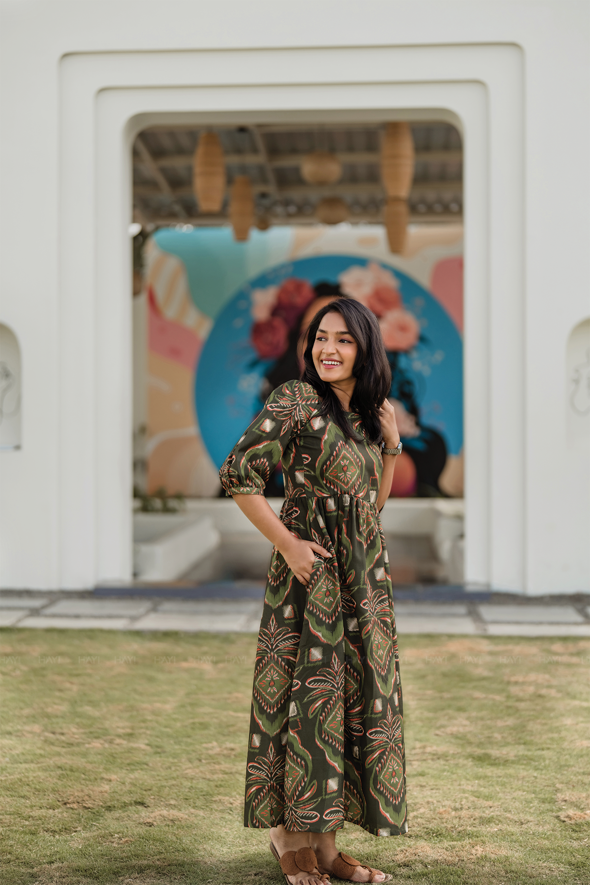Burnished Green with Forest Desire floral printed Linen Blend Dress