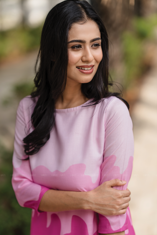 Blush Cascade Pink Linen Blend Dress with Boat neck & Digital Placement Print