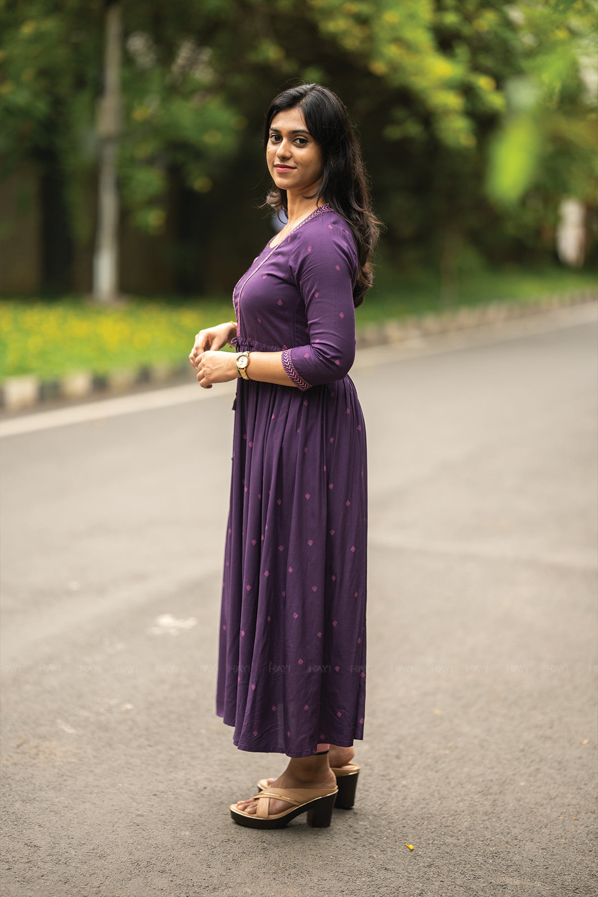 Violet Haze Viscose Dress with Sweetheart Neck & Embroidery
