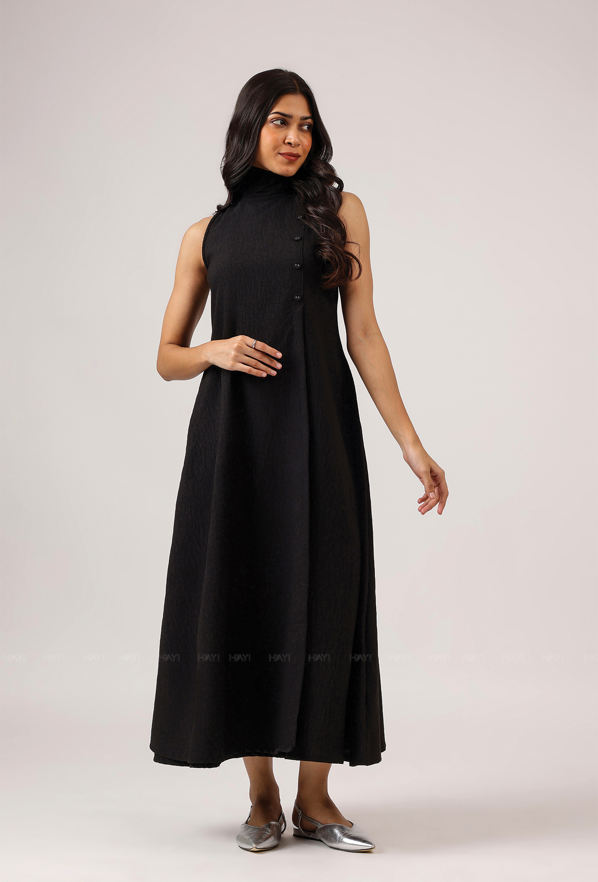 Blackout Babe High Neck With Side Buttons Flared Dress