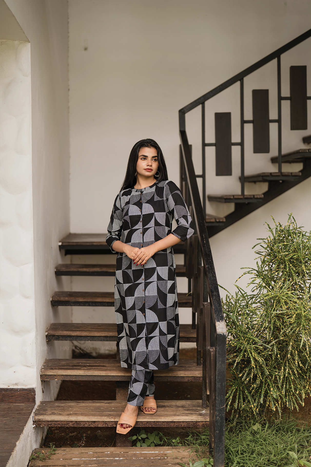 Checkmate Noir Black Viscose Co-ord with Geometric Print