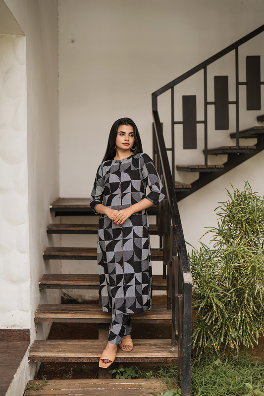 Checkmate Noir Black Viscose Co-ord with Geometric Print