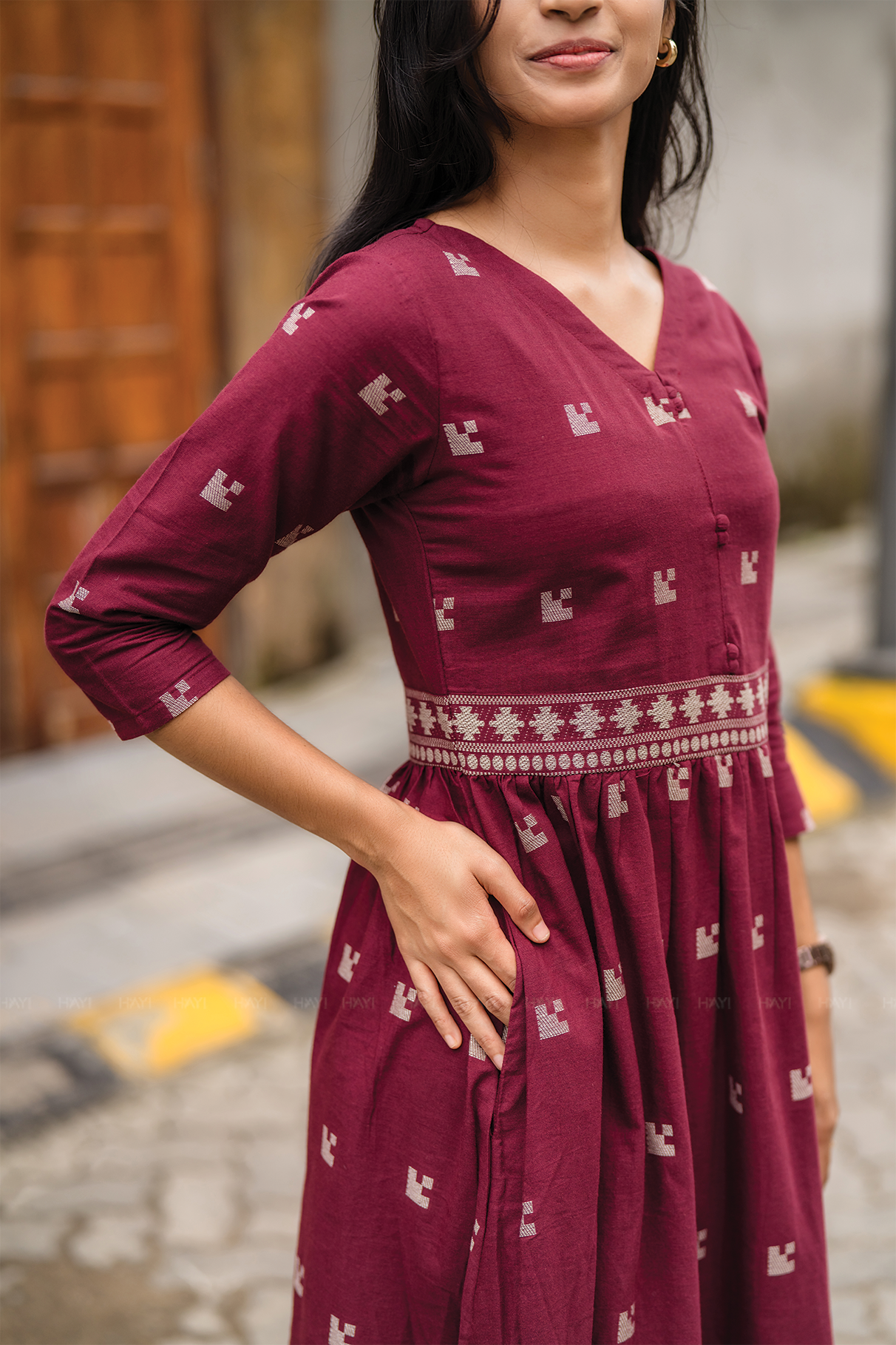 Rosebud Pink Handloom Dress with Straight V-Neck & 3/4 Sleeves