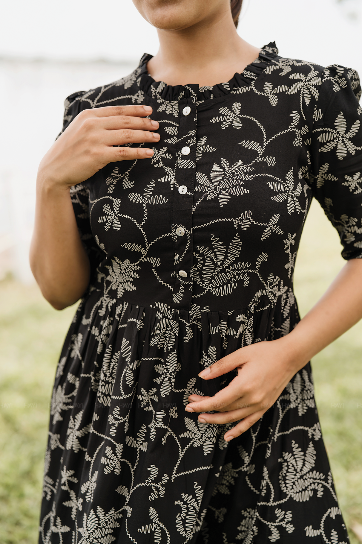 Regal Black with Molten Vines floral Printed Maternity and Feeding Viscose Dress