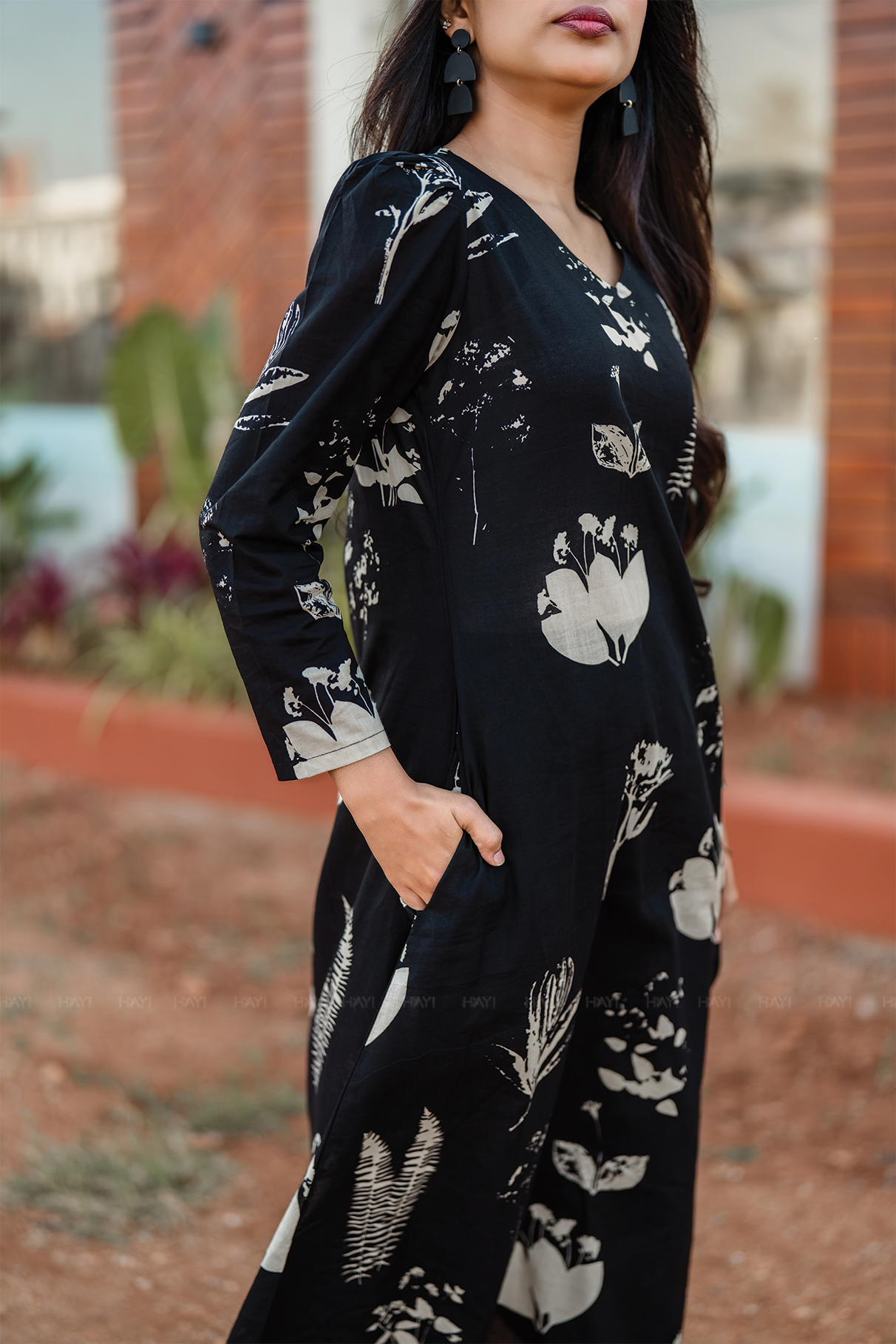 Fogblush Black Cotton Blend Co-ord with V-Neck & Light Puff Sleeves