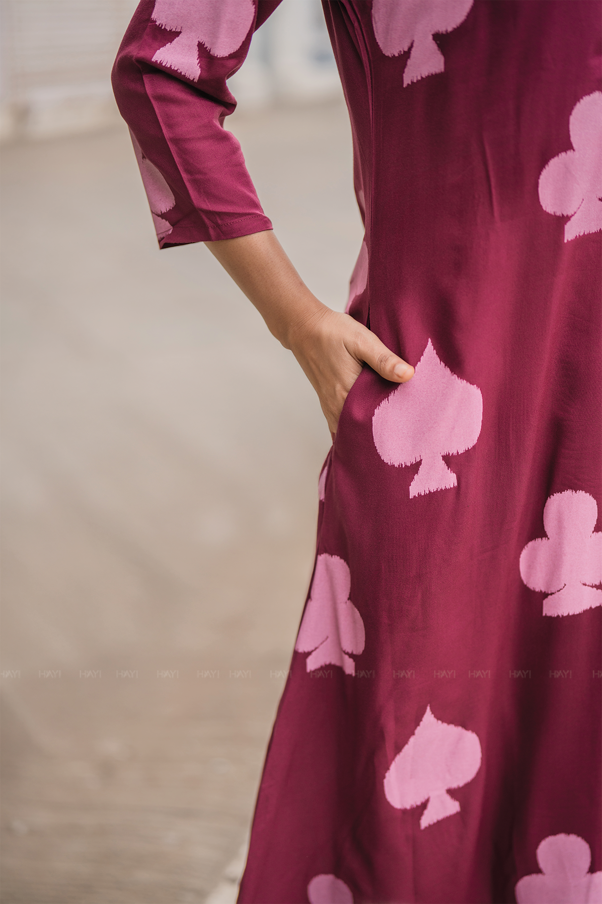 Sepia Maroon with Autumn Hearts printed Viscose A-line Dress