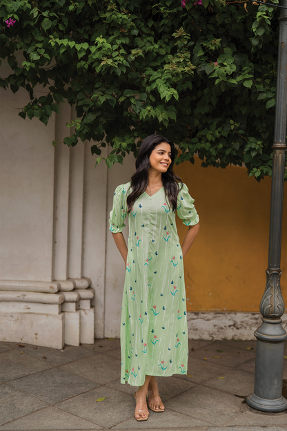 Sage Green with Mint petal printed Viscose A-line Dress
