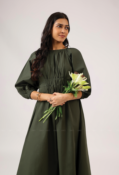 Zayra With Balloon Sleeve With Elastic Flared Dress