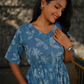 Morning Dew Blue Cotton Dress with V-Neck & Elbow Sleeves