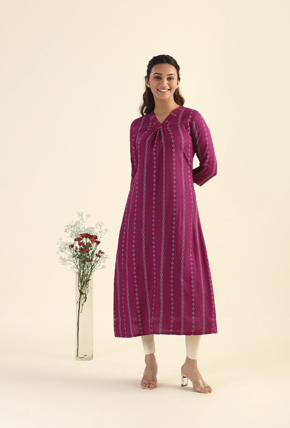 Plum Linear Striped Viscose Printed Dress