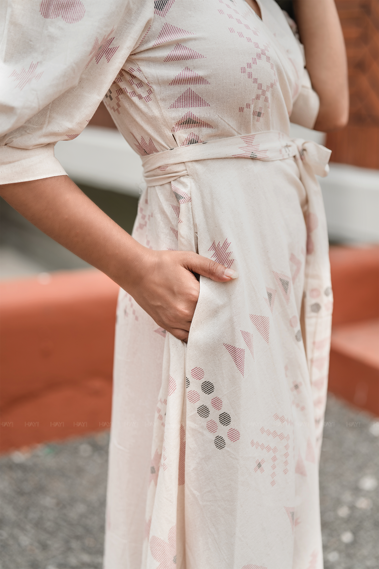 Puffy Poise Beige Cotton Blend Wrap Dress with V-Neckline & Puff Sleeves