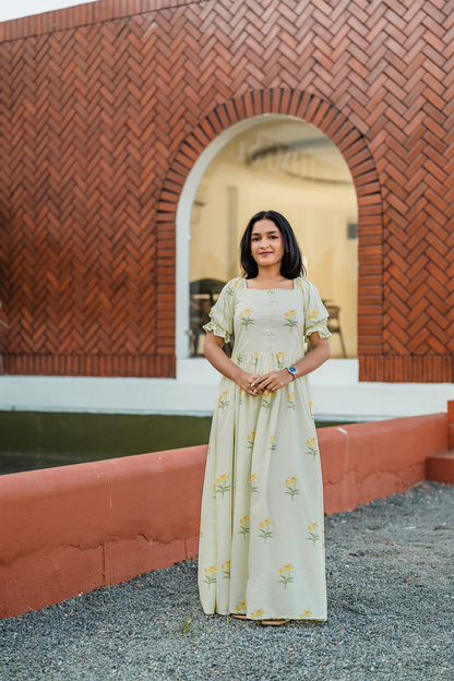 Florabelle Green Viscose Dress with Shoulder Elastic & Frill Sleeves