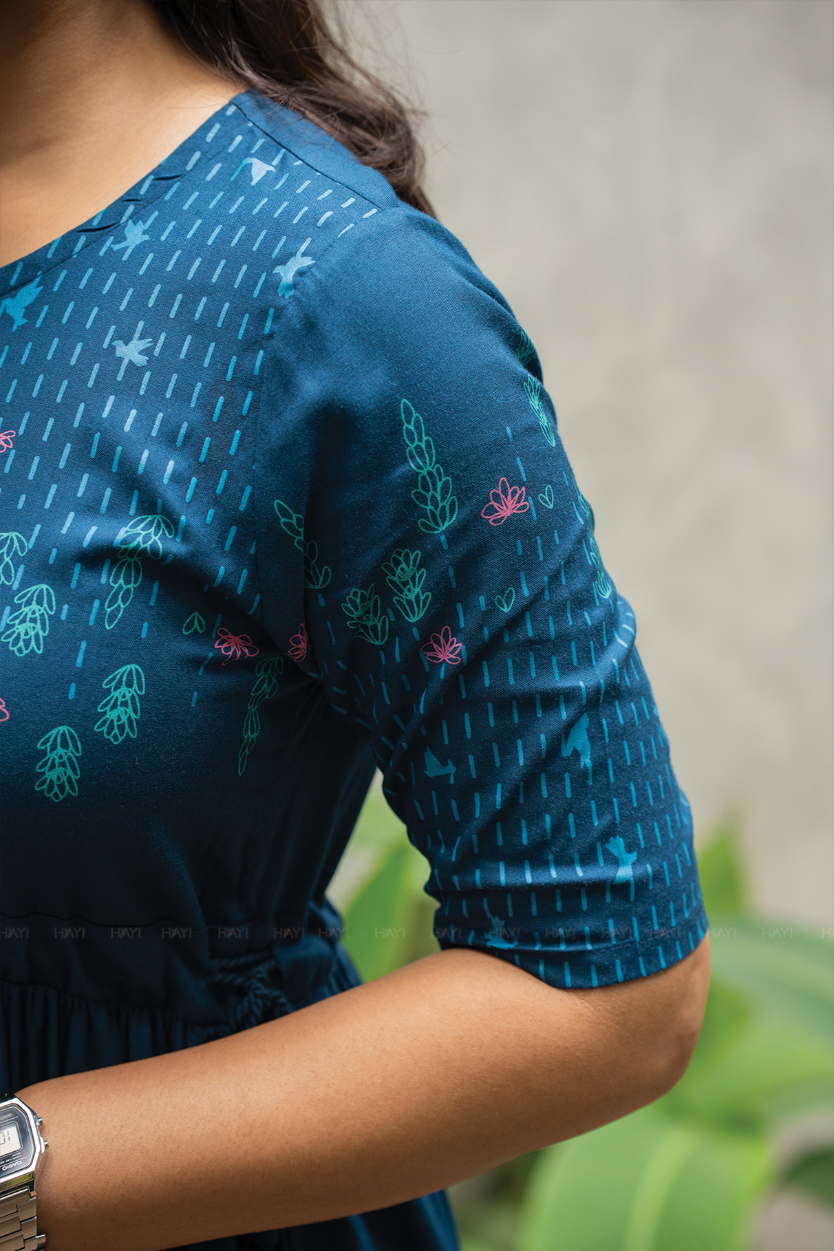 Blue Dessert Blue Viscose Dress with Round Neck & Placement Detail