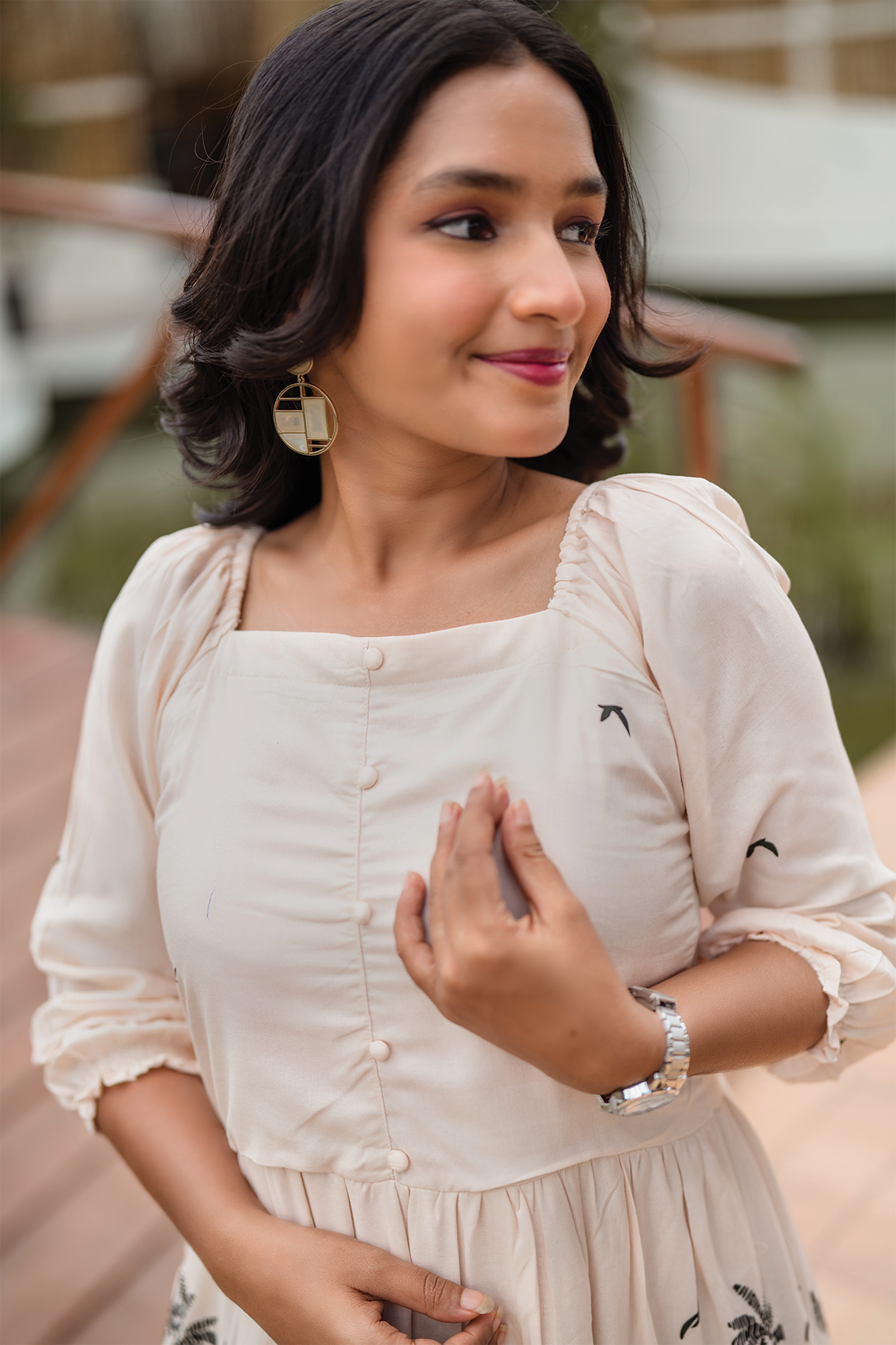 Lush Layers Beige Viscose Dress with Tropical Palm Print