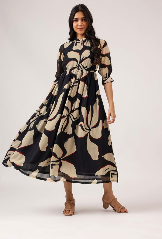 Spear Black with Charcoal Ink printed Lux Georgette dress
