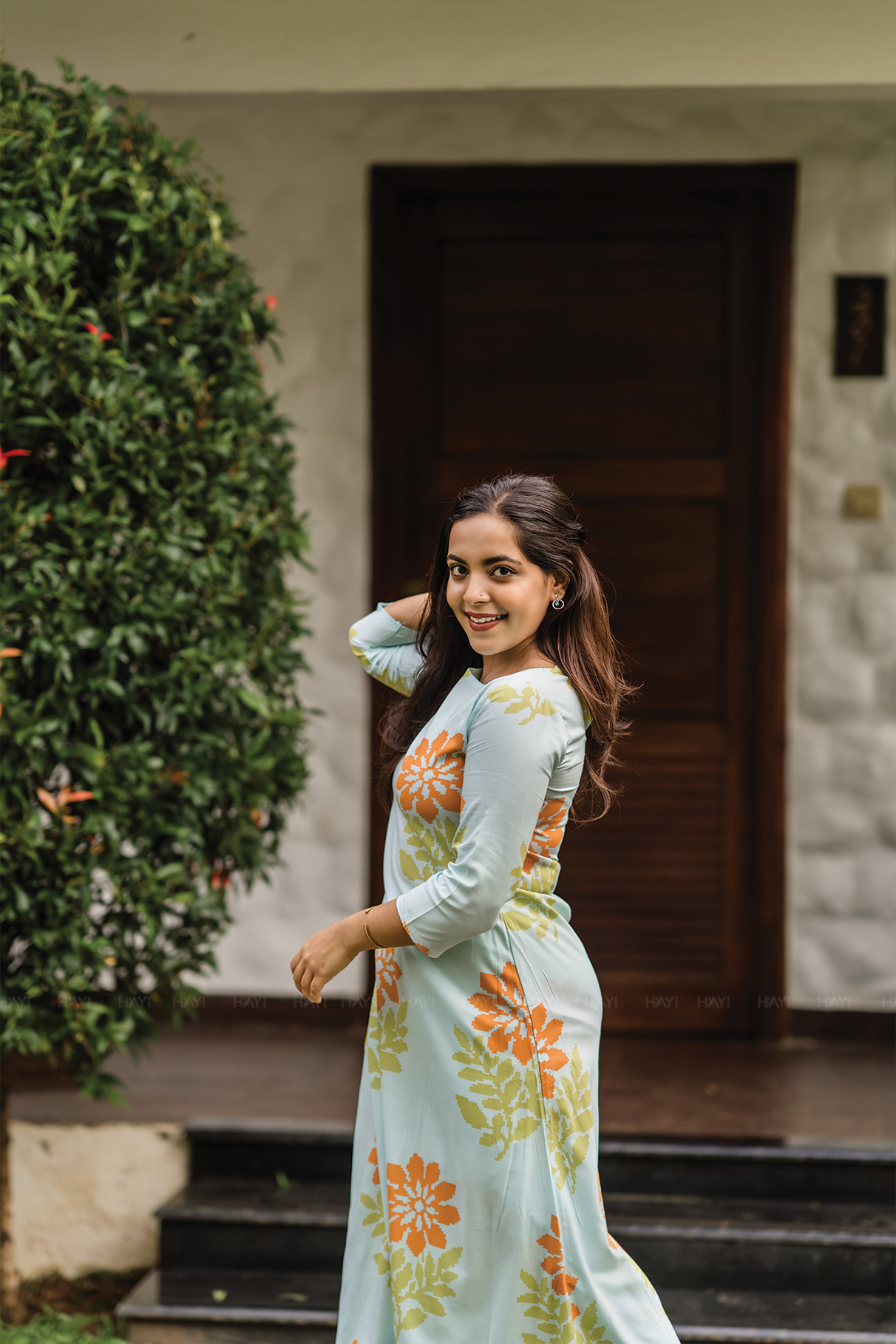 Aacral Blossom Blue Viscose co-ord with Boat Neck & Floral Print