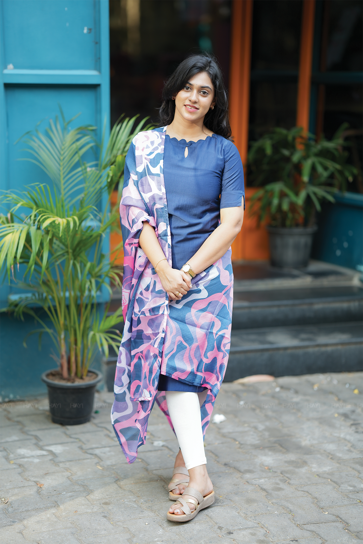Blue Vibrant Petals printed 2 Piece Silk Blend Kurta with Dupatta