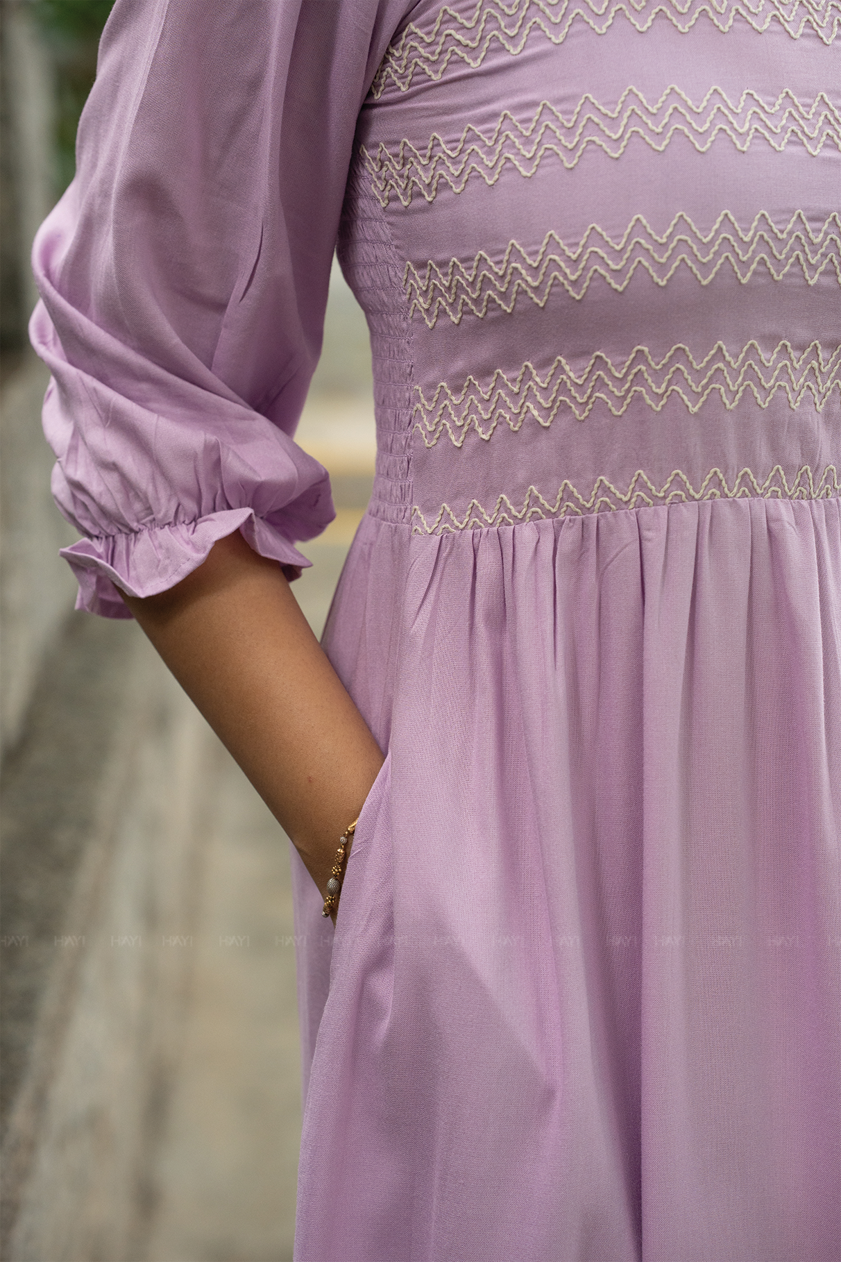 Lavender Fantasy Viscose Dress with Shoulder Elastic & Embroidery
