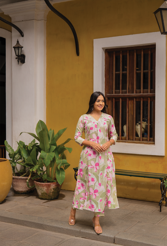 Half white with Petal Parade floral printed Viscose Co-ords