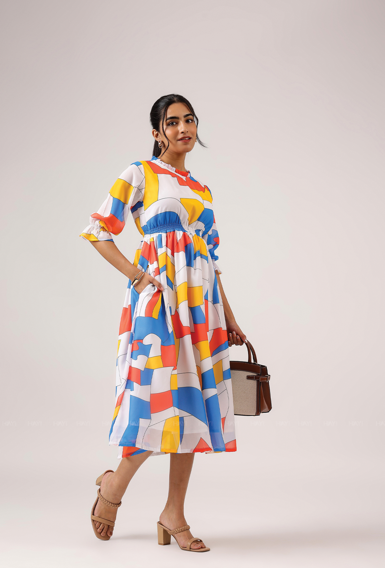 Prism White with Cubist Charm printed Lux Georgette Dress