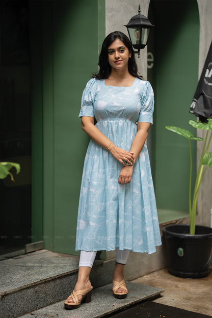Petal Puff Blue Cotton Dress with Rounded Square Neck & Puff Elbow Sleeves