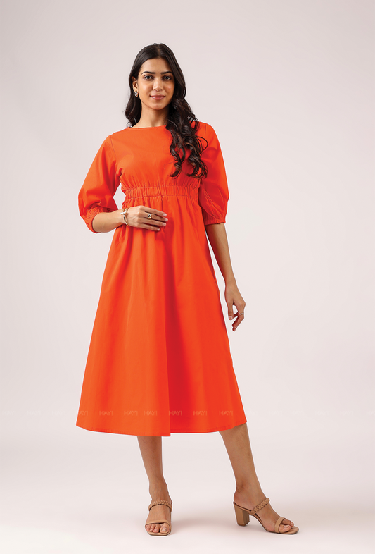Crush Code Orange Boat Neck With Puff Sleeve Dress