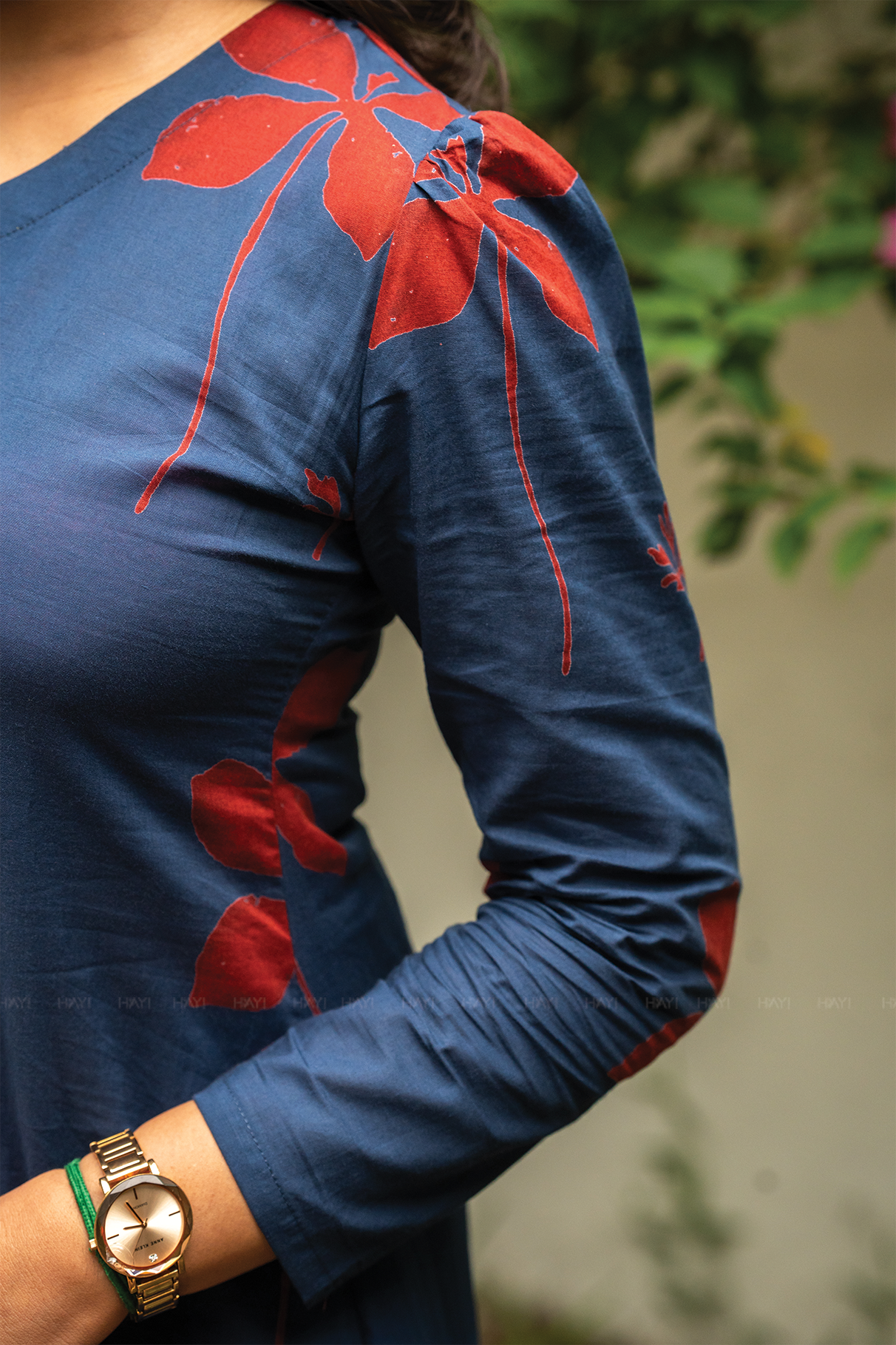 Dusky Wings Blue cotton blend Co-ord with V-Neck & 3/4 Puff Sleeves