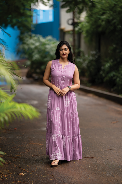 Wisteria Haze Lavender Viscose Dress with Chinese Collar & V-Cut Detached 3/4th Sleeves