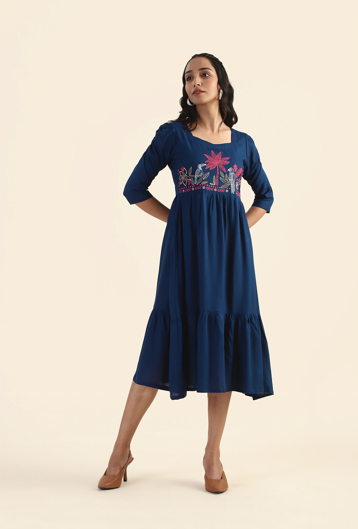 Charming Navy Whispering Toucan with Embroidery Dress