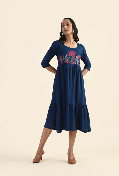 Charming Navy Whispering Toucan with Embroidery Dress